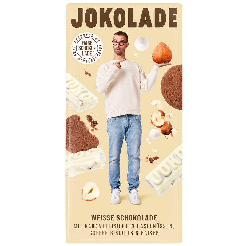  JOKOLADE No1 Weiße Schokolade mit karamellisierten Haselnüssen, Coffee Biscuits & Baiser 140g 