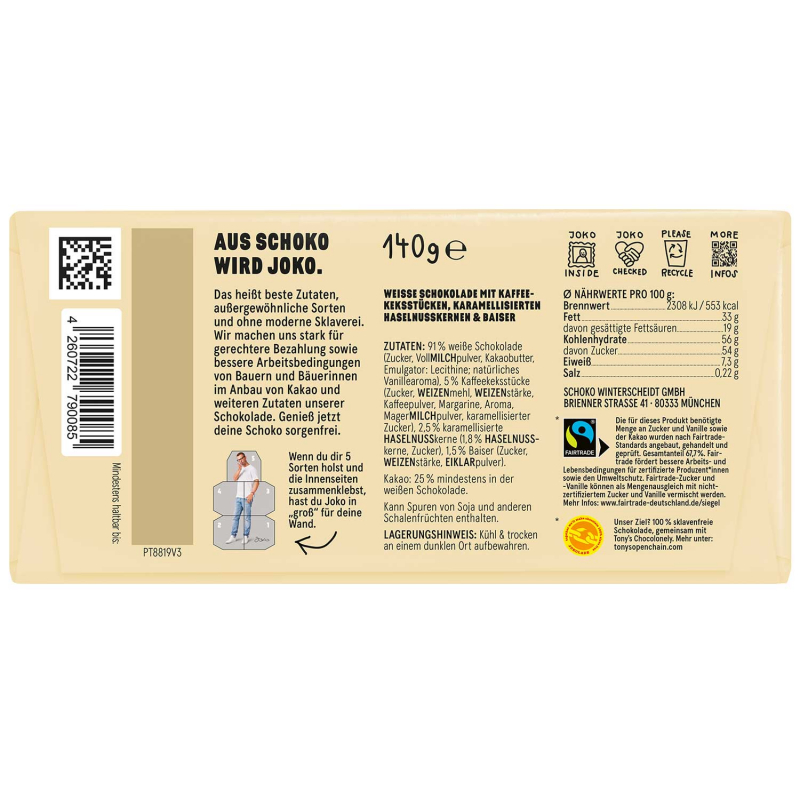  JOKOLADE No1 Weiße Schokolade mit karamellisierten Haselnüssen, Coffee Biscuits & Baiser 140g 
