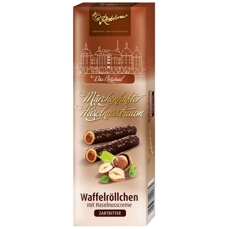  Rotstern 'Märchenhafter Haselnusstraum' Waffelröllchen Zartbitter 125g (MHD 25.04.2025) 