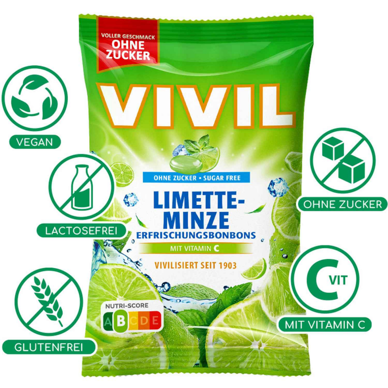  Vivil Erfrischungsbonbons Limette-Minze ohne Zucker 120g 