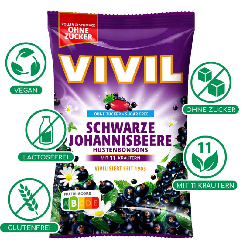  Vivil Hustenbonbons Schwarze Johannisbeere ohne Zucker 120g 