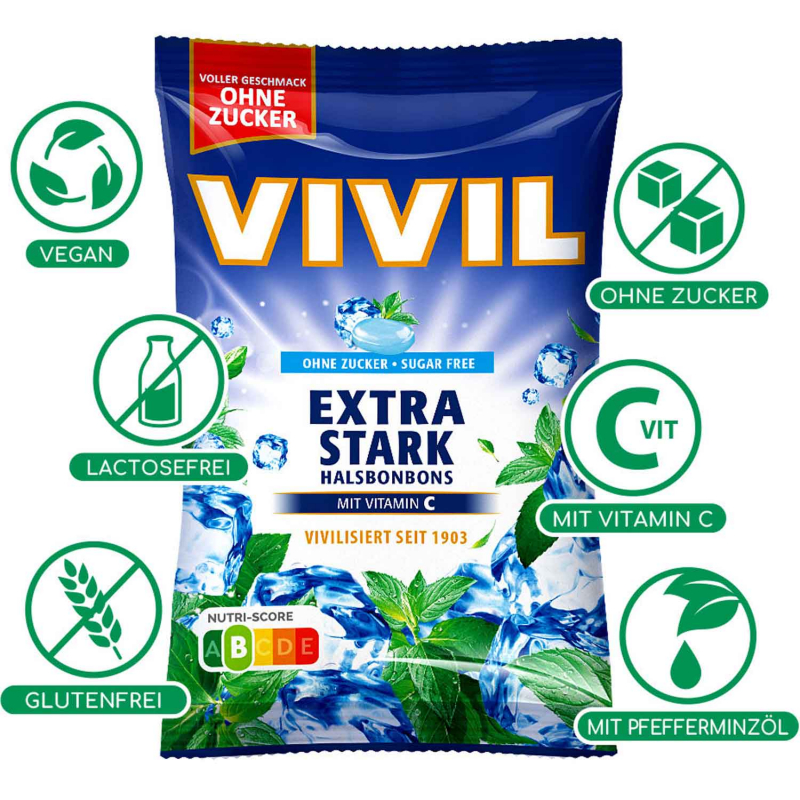  Vivil Halsbonbons Extra Stark ohne Zucker 120g 