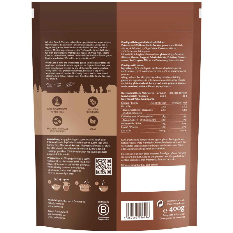  3Bears Porridge Feiner Kakao 400g 