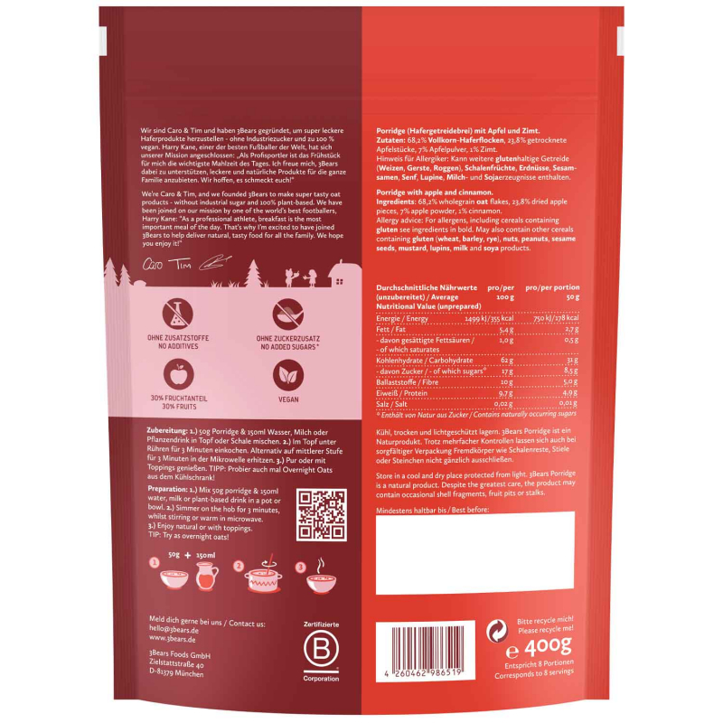  3Bears Porridge Zimtiger Apfel 400g 