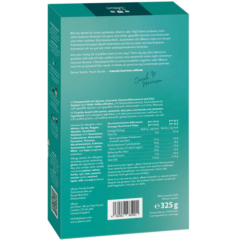  3Bears Sarah Harrison Granola Hafer Crunch 325g 