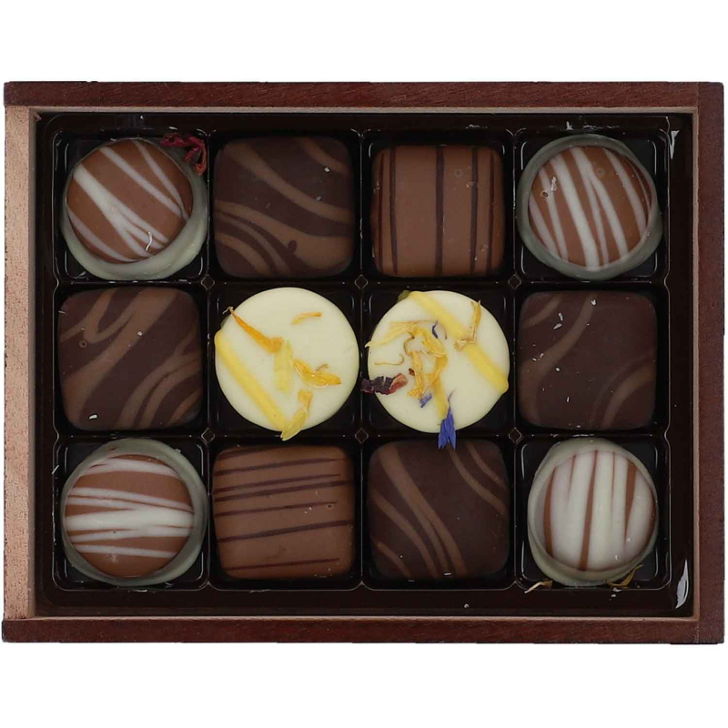  DreiMeister Pralinés Holzkiste mit Schiebedeckel 130g 