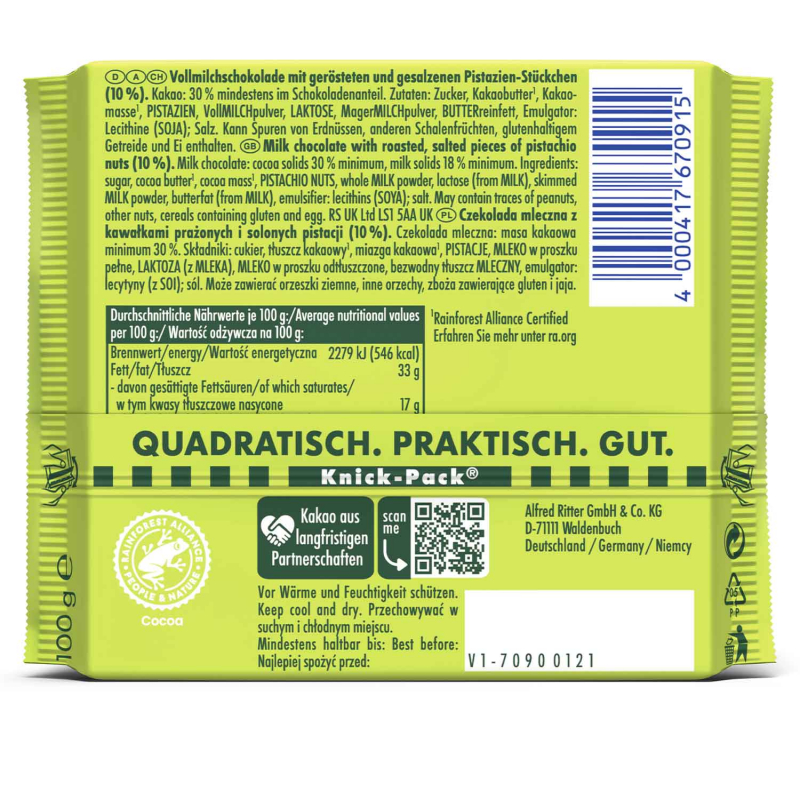  Ritter Sport Nussklasse Pistazie 100g 