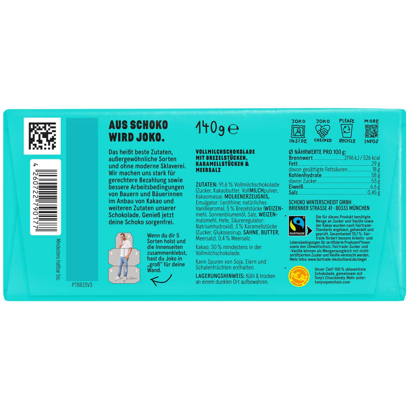  JOKOLADE Vollmilchschokolade mit Brezelstücken, Karamell und Meersalz 140g 