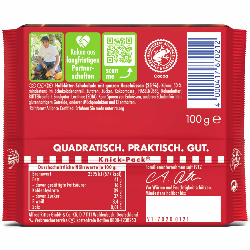  Ritter Sport Nussklasse Dunkle Voll-Nuss 100g 