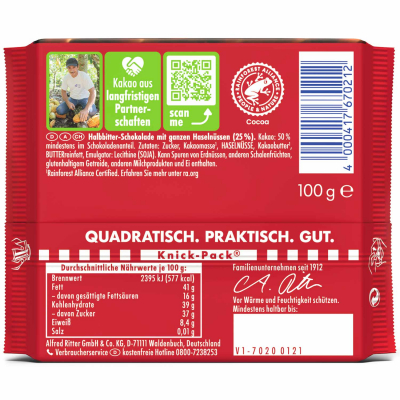  Ritter Sport Nussklasse Dunkle Voll-Nuss 100g 