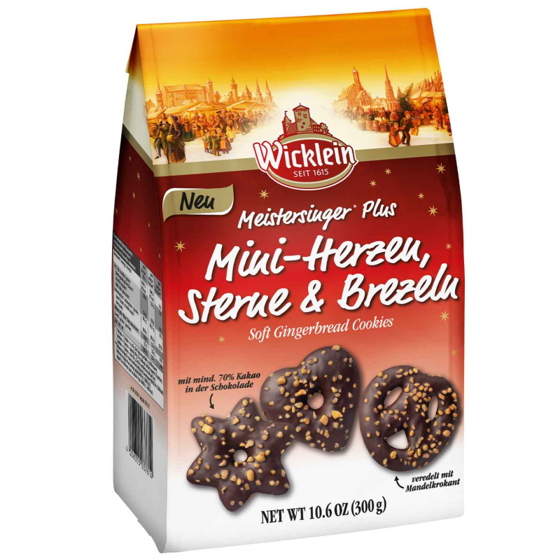 Wicklein Meistersinger Plus Mini-Herzen, Sterne & Brezeln Mandelkrokant Zartbitter 300g