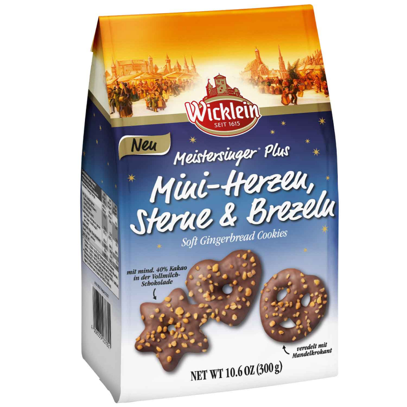 Wicklein Meistersinger Plus Mini-Herzen, Sterne & Brezeln Mandelkrokant Vollmilch-Schokolade 300g