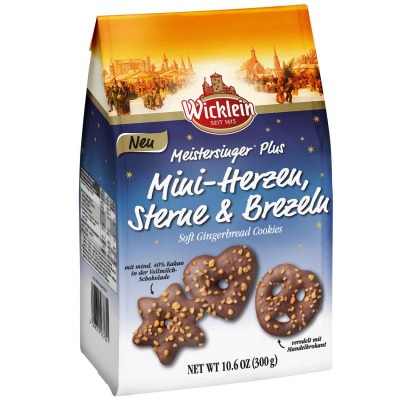 Wicklein Meistersinger Plus Mini-Herzen, Sterne & Brezeln Mandelkrokant Vollmilch-Schokolade 300g
