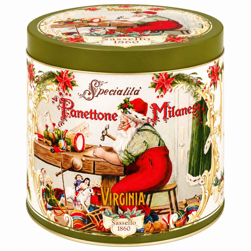 Amaretti Virginia Panettone Christmas Cake Green Metal Tin 1kg