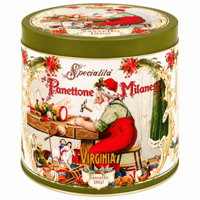 Amaretti Virginia Panettone Christmas Cake Green Metal Tin 1kg