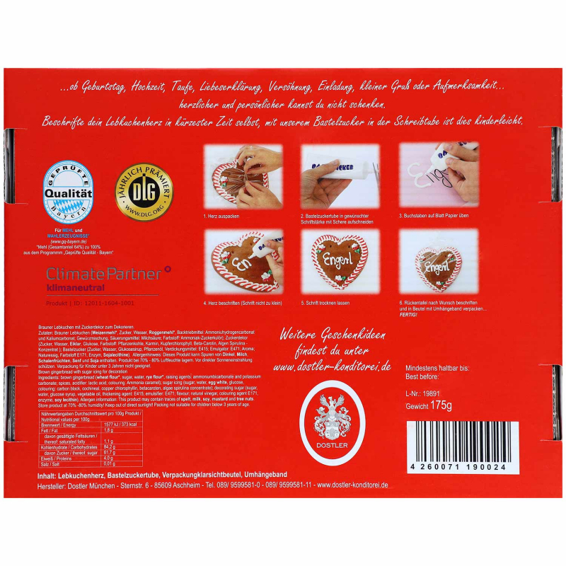  Dostler Lebkuchenherz zum Selbstbeschriften 175g 