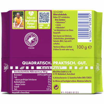  Ritter Sport Kakao-Klasse 81% Die Starke aus Ghana 100g 